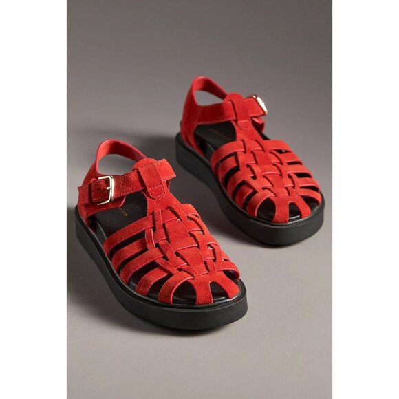 By Anthropologie Footbed Fisherman Flats Red Suede 41 - Picture 1 of 3
